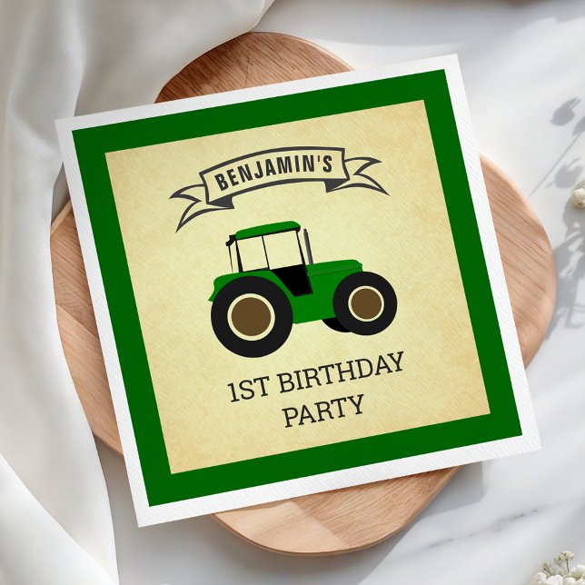 Green Farm Tractor Kids Birthday Party Napkins (Creator Uploaded)