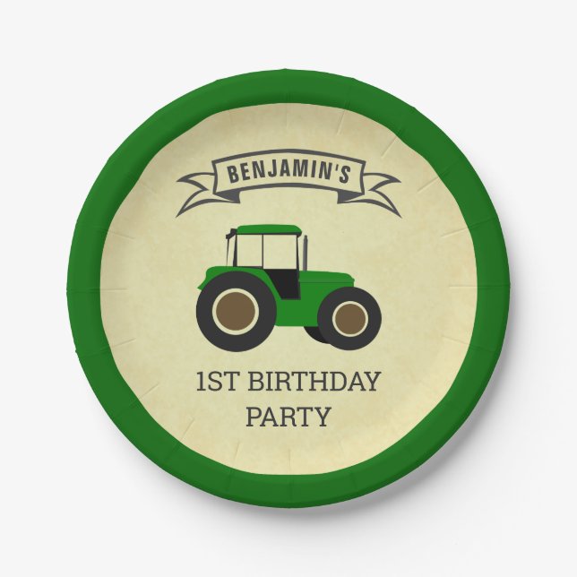 Green Farm Tractor Kids Birthday Party Paper Plates (Front)