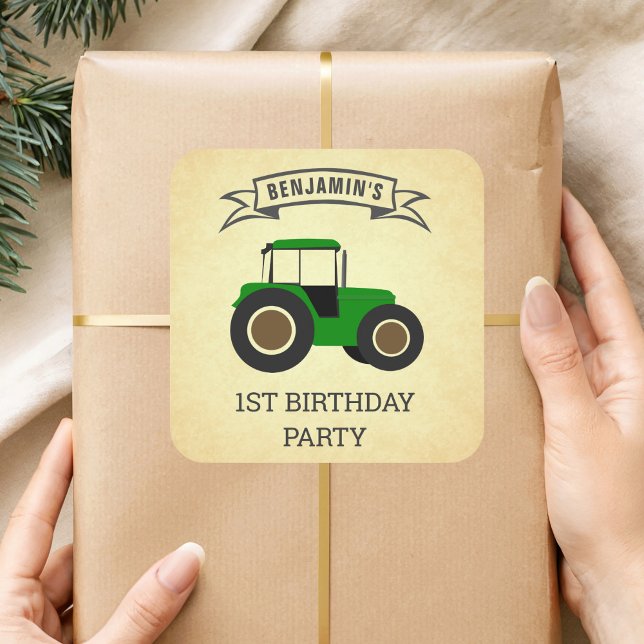 Green Farm Tractor Kids Birthday Party Square Sticker (Creator Uploaded)