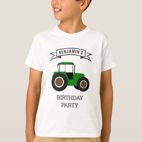 Green Farm Tractor Kids Birthday Party T_Shirt