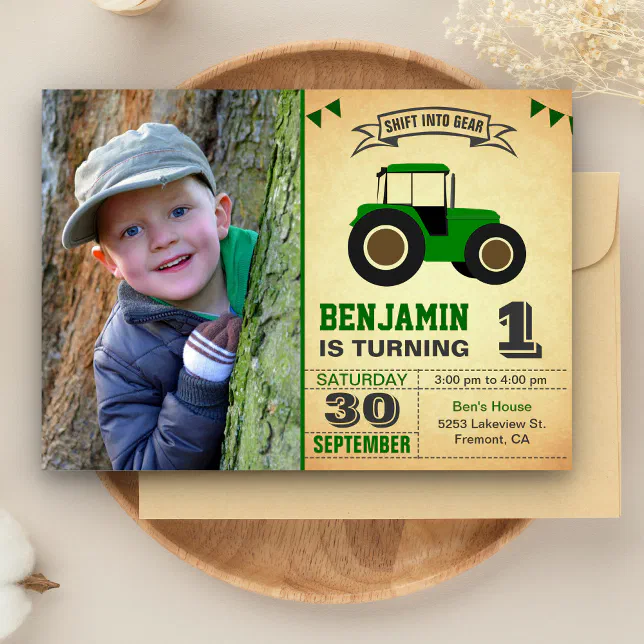 Green Farm Tractor Kids Photo Birthday Party Invitation | Zazzle