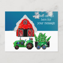 Green Farm Tractor Red Barn Postcard