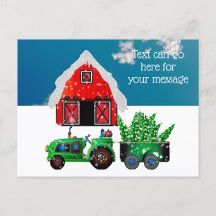 Green Farm Tractor Red Barn Postcard