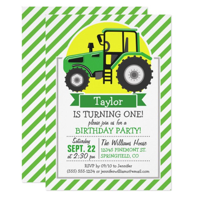 Green Farm Tractor With Yellow;  Green & White Invitation
