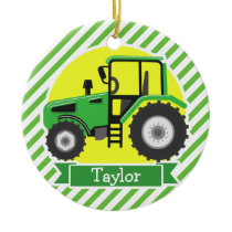 Green Farm Tractor with Yellow;  Green & White Ceramic Ornament