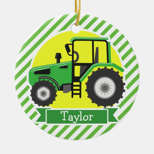 Green Farm Tractor with Yellow;  Green & White Ceramic Ornament (Front)