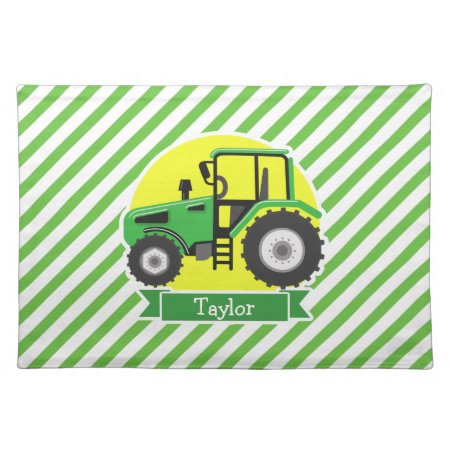 Green Farm Tractor With Yellow;  Green & White Cloth Placemat