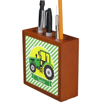 Green Farm Tractor With Yellow;  Green & White Desk Organizer by Birthday_Party_House at Zazzle