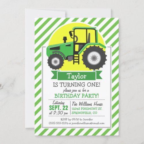 Green Farm Tractor with Yellow  Green  White Invitation