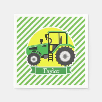 Green Farm Tractor With Yellow;  Green & White Paper Napkins by Birthday_Party_House at Zazzle