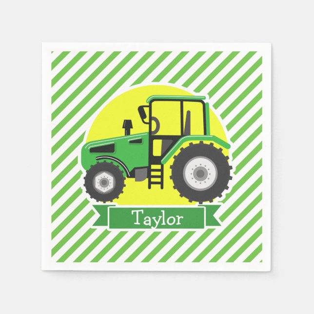 Green Farm Tractor with Yellow;  Green & White Paper Napkins (Front)
