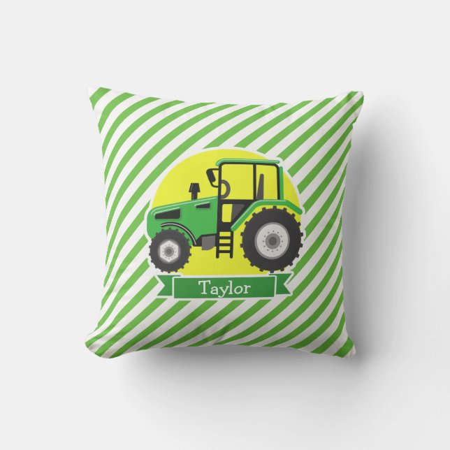 Green Farm Tractor with Yellow;  Green & White Throw Pillow (Front)
