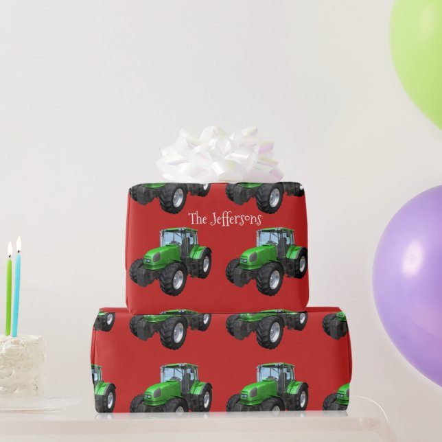 Green Farm Tractors on Red Christmas Wrapping Pape Paper (Party Gifts)