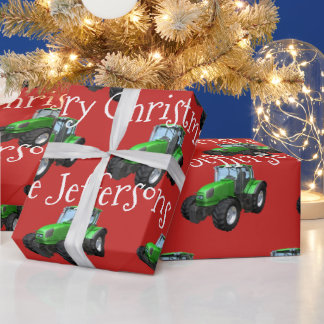 Green Farm Tractors on Red Christmas Wrapping Paper