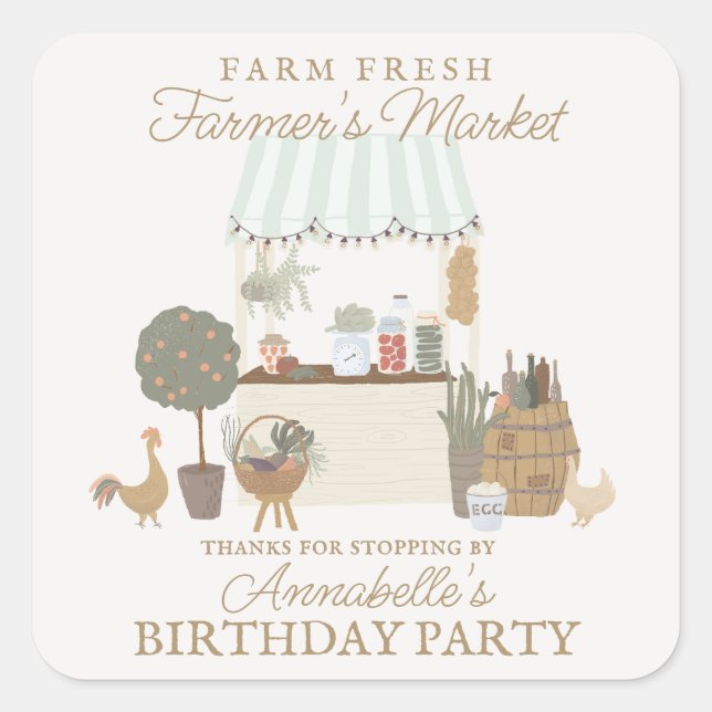Green Farmers Market Farm Fresh Birthday Favor Square Sticker (Front)