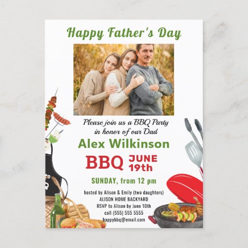 Green Fathers Day Photo BBQ Party Invitation Postcard