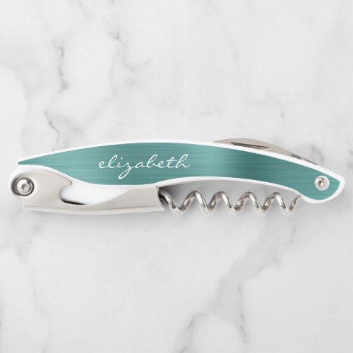 Green Faux Brushed Metal Personalized Script Waiters Corkscrew