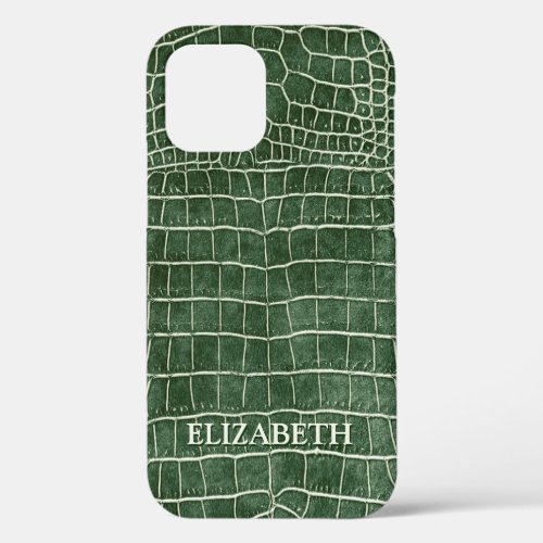 Green Faux Crocodile Leather Personalized Name iPhone 12 Case