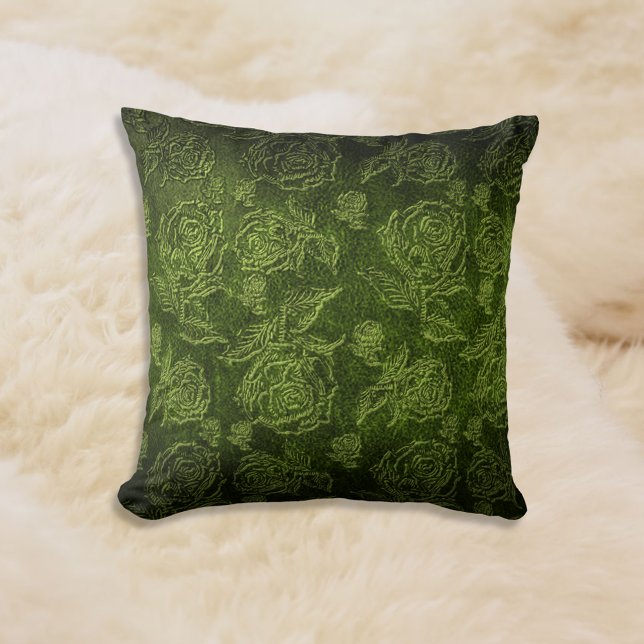 Green Faux Embossed Rose Leather Throw Pillow (Creator Uploaded)