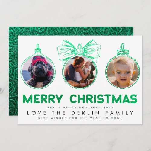 Green Faux Foil Merry Christmas 3 Photo Ornament Holiday Card