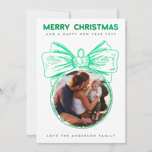 Green Faux Foil Merry Christmas Photo Ornament Holiday Card