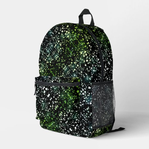 Green Faux Glass Glitter Sparkle on Black Printed Backpack