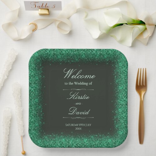 Green Faux Glitter Border Wedding Paper Plates