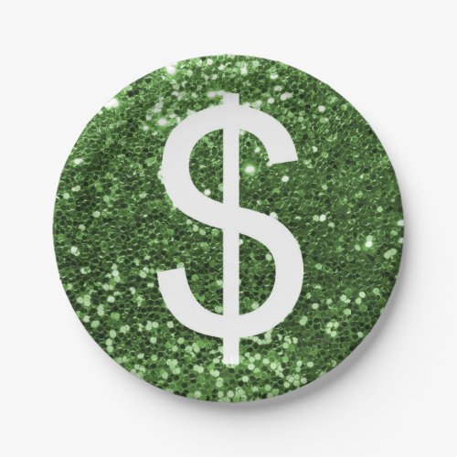 Green Faux Glitter Dollar Sign Pattern Paper Plates