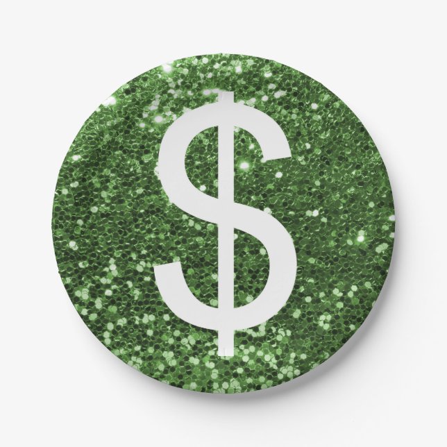 Green Faux Glitter Dollar Sign Pattern Paper Plates (Front)