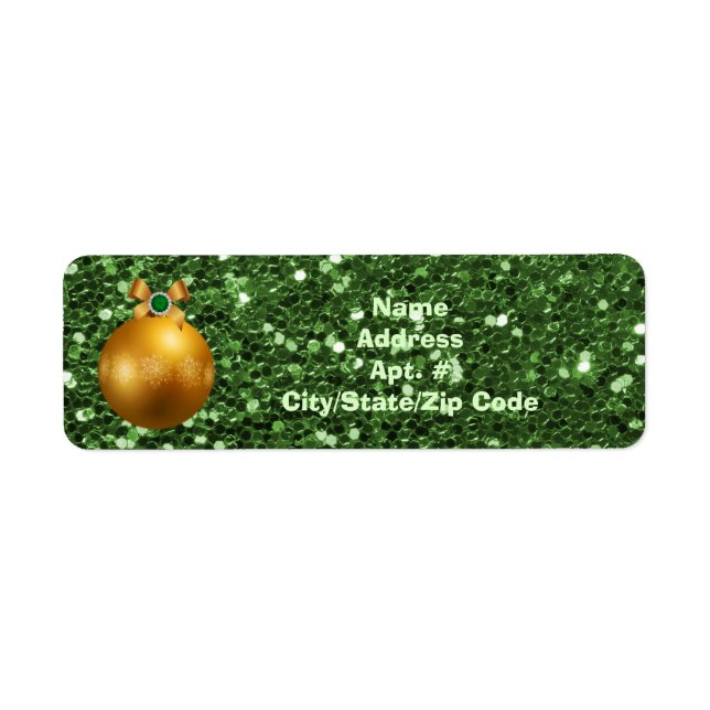 Green Faux Glitter Gold Ball Ornament Label (Front)