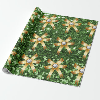 Green Faux Glitter Gold Diamond Bows Wrapping Paper