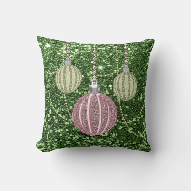 Green Faux Glitter Pink &Green Xmas Ball Ornaments Throw Pillow (Front)