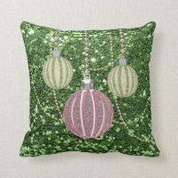 Green Faux Glitter Pink &Green Xmas Ball Ornaments Throw Pillow