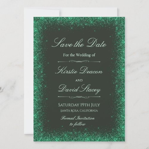 Green Faux Glitter Save the Date Invitation