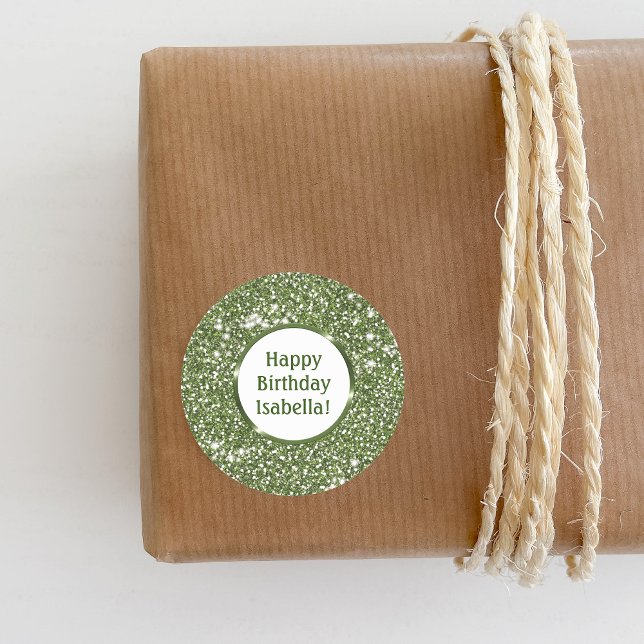 Green Faux Glitter Texture Custom Happy Birthday Classic Round Sticker (Ideal for decorating birthday presents or party favors, for example.)