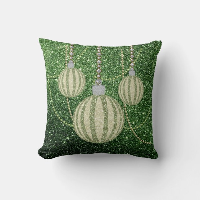 Green Faux GlitterTexture Christmas Ball Ornaments Throw Pillow (Front)