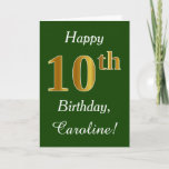 [ Thumbnail: Green, Faux Gold 10th Birthday + Custom Name Card ]