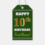 [ Thumbnail: Green, Faux Gold 10th Birthday + Custom Name Gift Tags ]