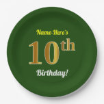 [ Thumbnail: Green, Faux Gold 10th Birthday + Custom Name Paper Plates ]