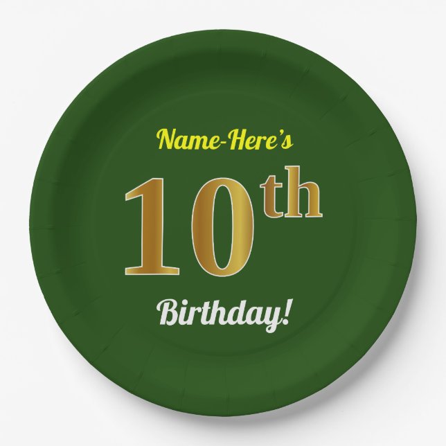 Green, Faux Gold 10th Birthday + Custom Name Paper Plates (Front)