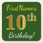 [ Thumbnail: Green, Faux Gold 10th Birthday + Custom Name Paper Coaster ]