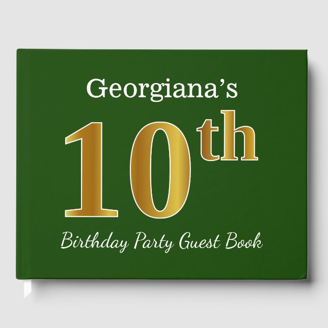 Green, Faux Gold 10th Birthday Party + Custom Name Guest Book (Front)
