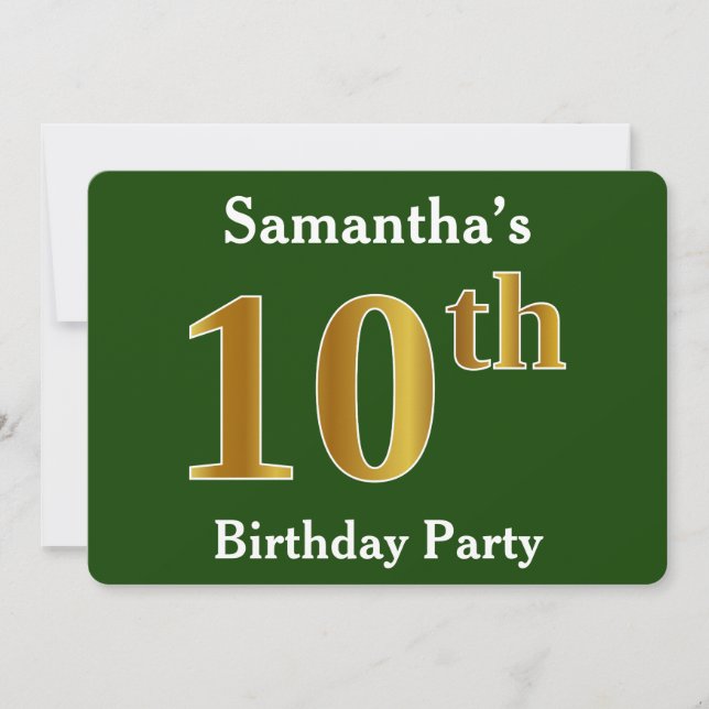Green, Faux Gold 10th Birthday Party + Custom Name Invitation (Front)