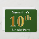 [ Thumbnail: Green, Faux Gold 10th Birthday Party + Custom Name Invitation ]