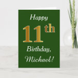 [ Thumbnail: Green, Faux Gold 11th Birthday + Custom Name Card ]