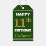 [ Thumbnail: Green, Faux Gold 11th Birthday + Custom Name Gift Tags ]