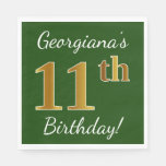 [ Thumbnail: Green, Faux Gold 11th Birthday + Custom Name Paper Napkin ]