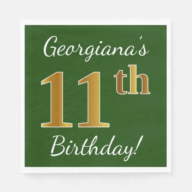 Green, Faux Gold 11th Birthday + Custom Name Paper Napkins (Front)