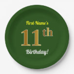 [ Thumbnail: Green, Faux Gold 11th Birthday + Custom Name Paper Plates ]