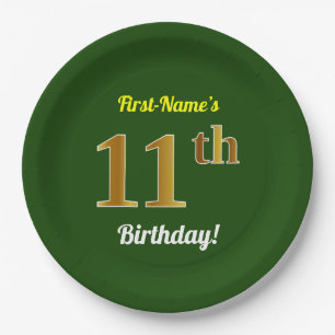 Green, Faux Gold 11th Birthday + Custom Name Paper Plates